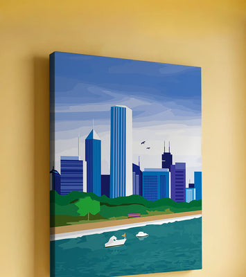 Modern cityscape with skyline and waterfront in a vibrant style
