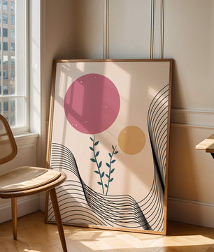 Composition florale abstraite avec des cercles roses et orange sur fond minimaliste