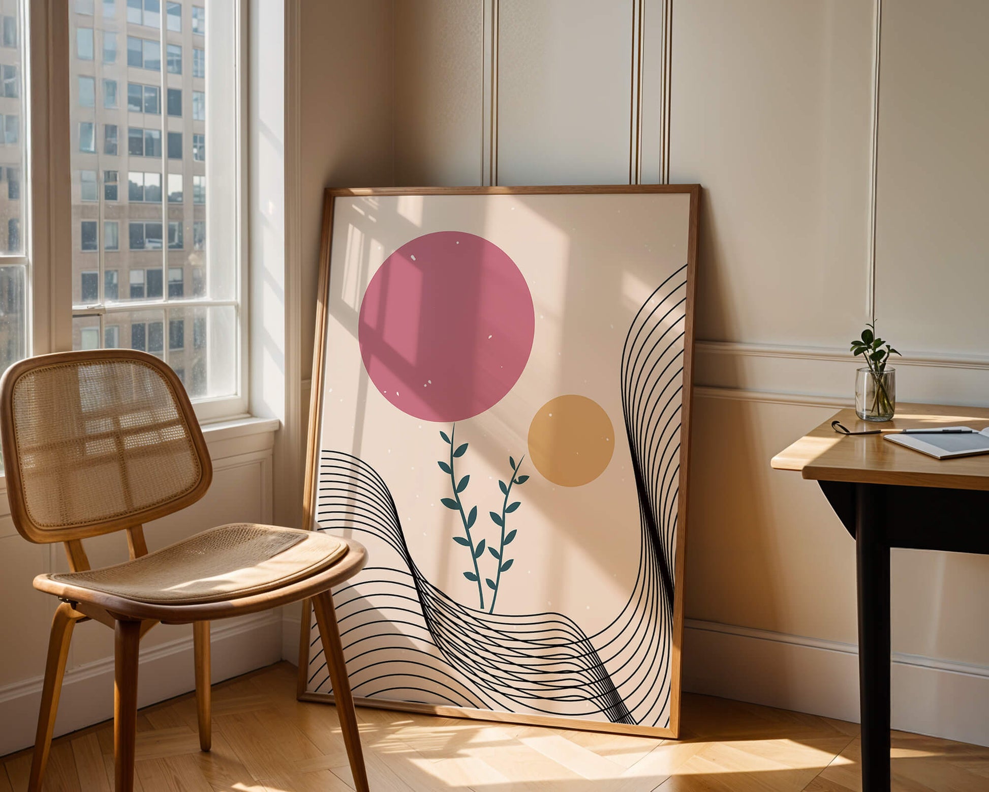 Composition florale abstraite avec des cercles roses et orange sur fond minimaliste
