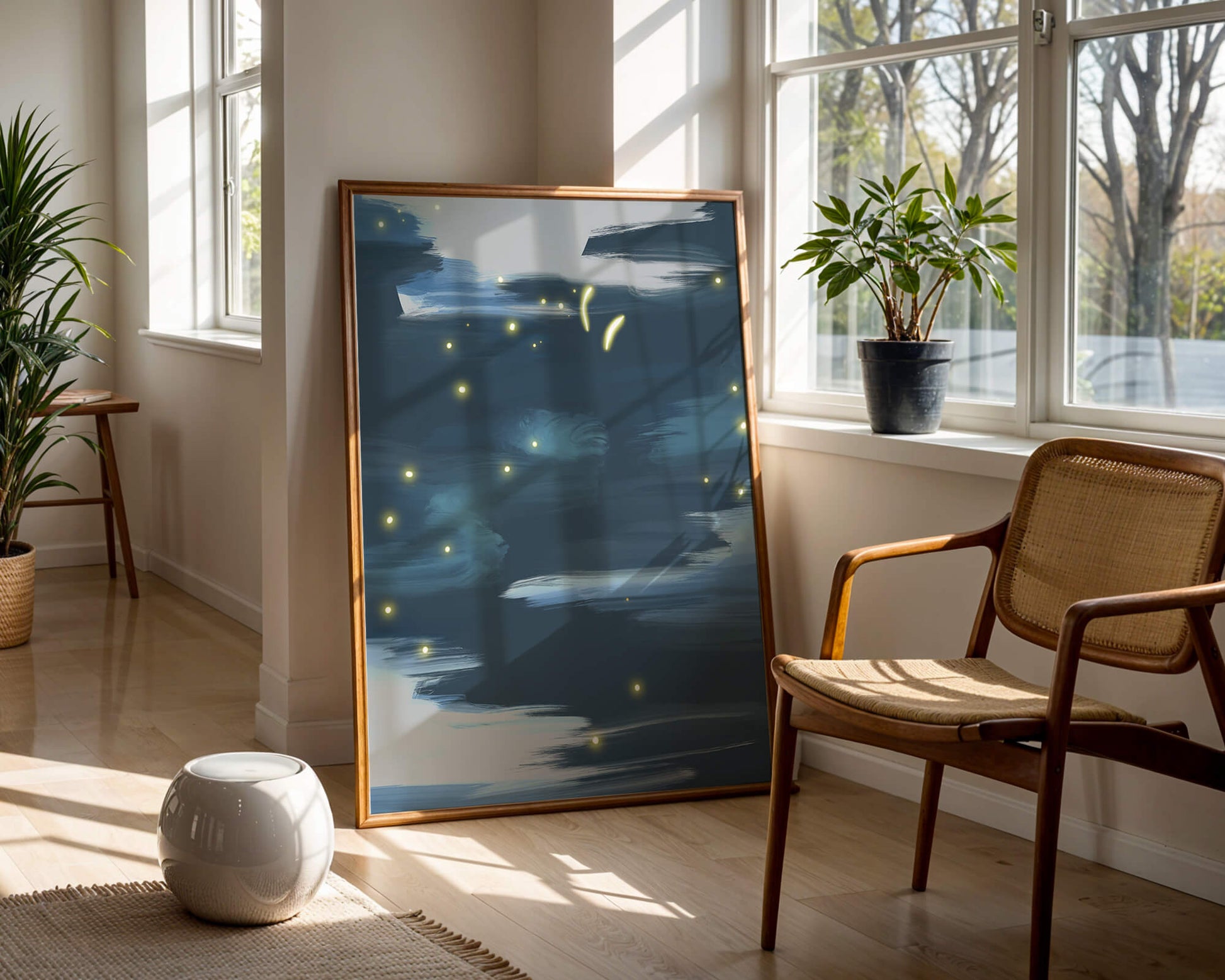 Ciel nocturne abstrait avec lucioles lumineuses