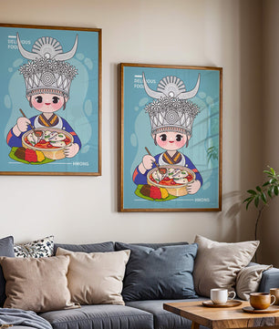 Charming illustration of a person in traditional attire enjoying a meal