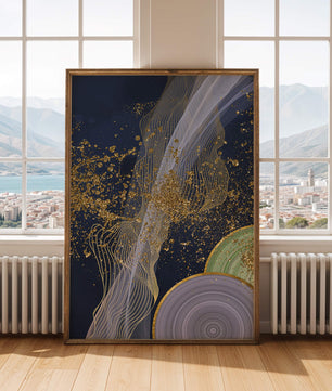 Abstract swirl with gold accents on dark background