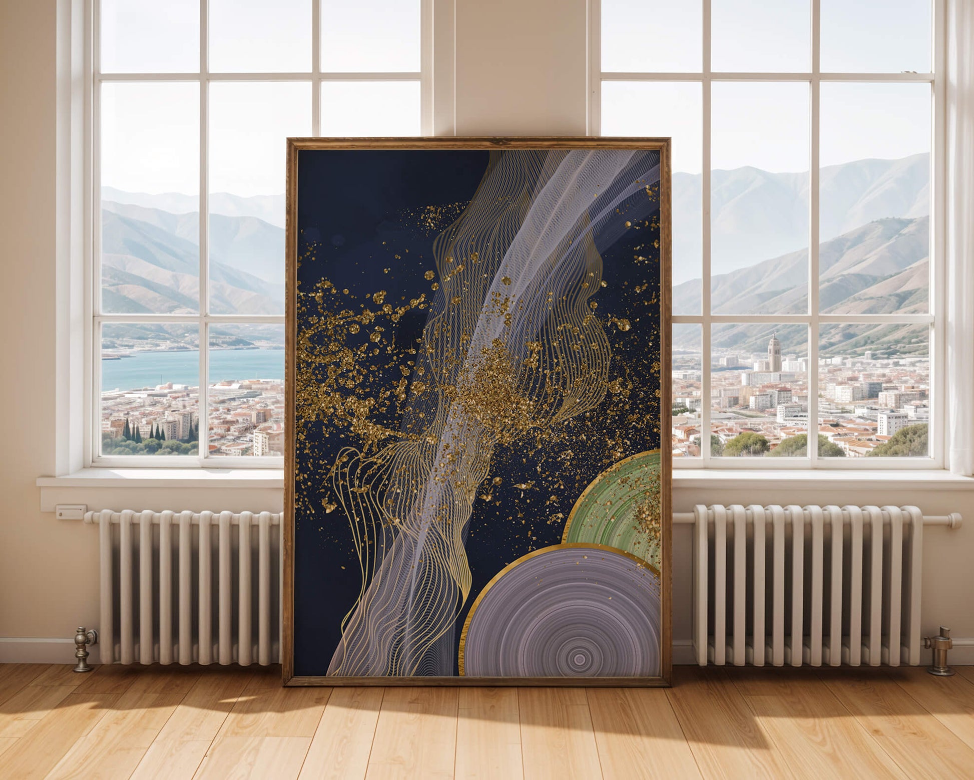 Abstract swirl with gold accents on dark background
