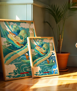Colorful dragon and child illustration with vibrant waves and clouds