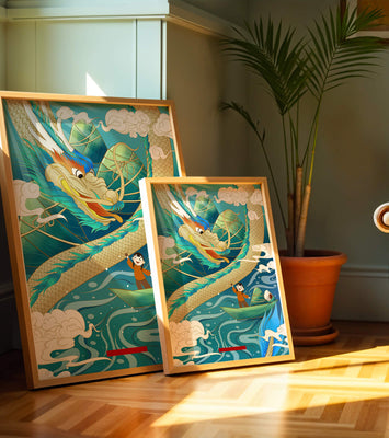 Colorful dragon and child illustration with vibrant waves and clouds