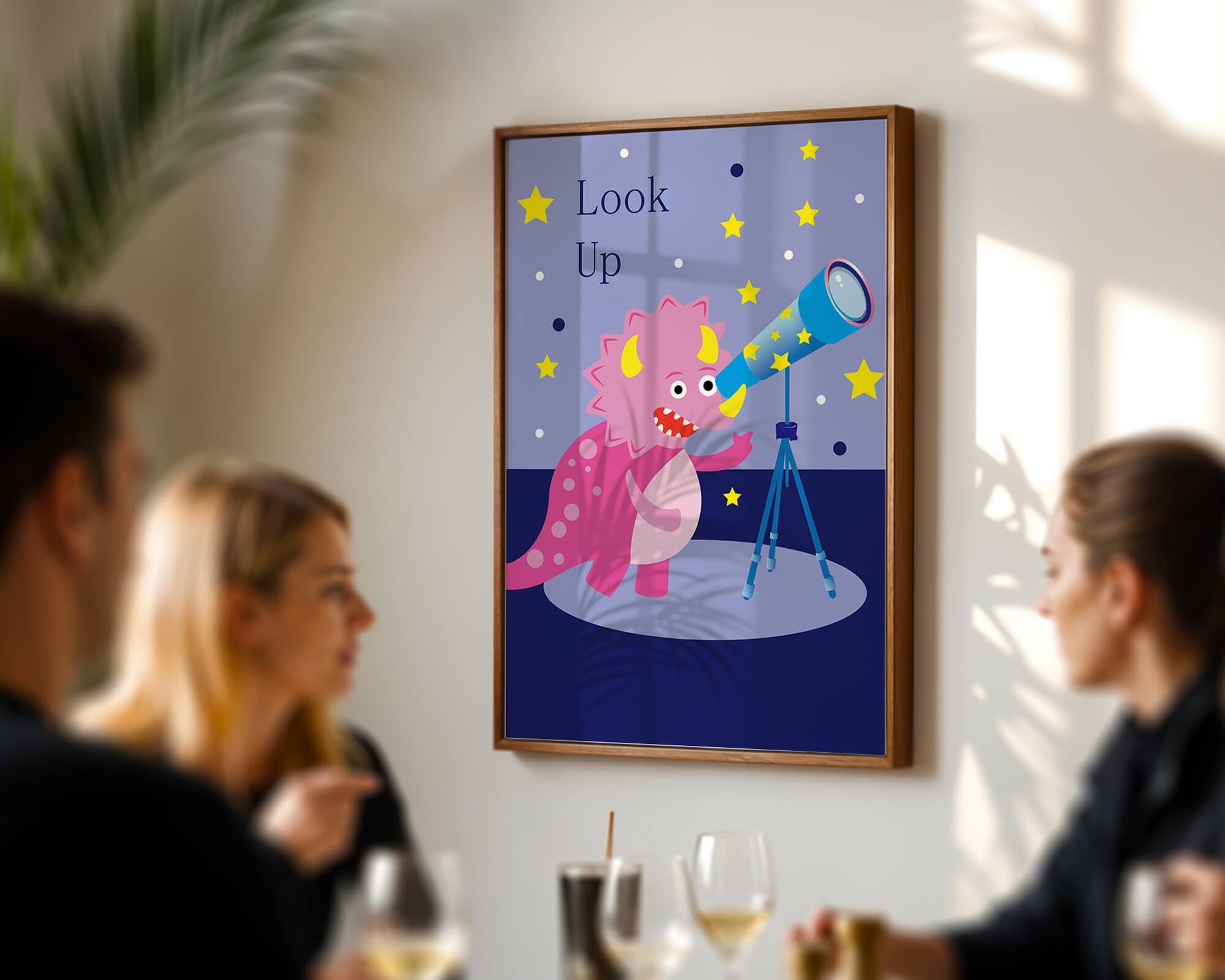 Pink cartoon dinosaur looking through a telescope with stars