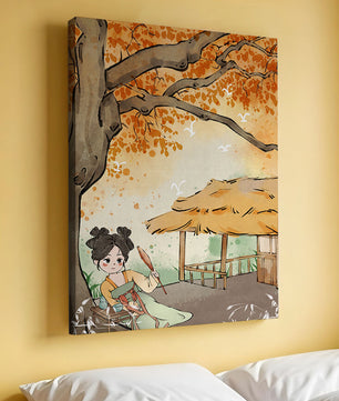 Escena de otoño con ilustración en estilo asiático tradicional
