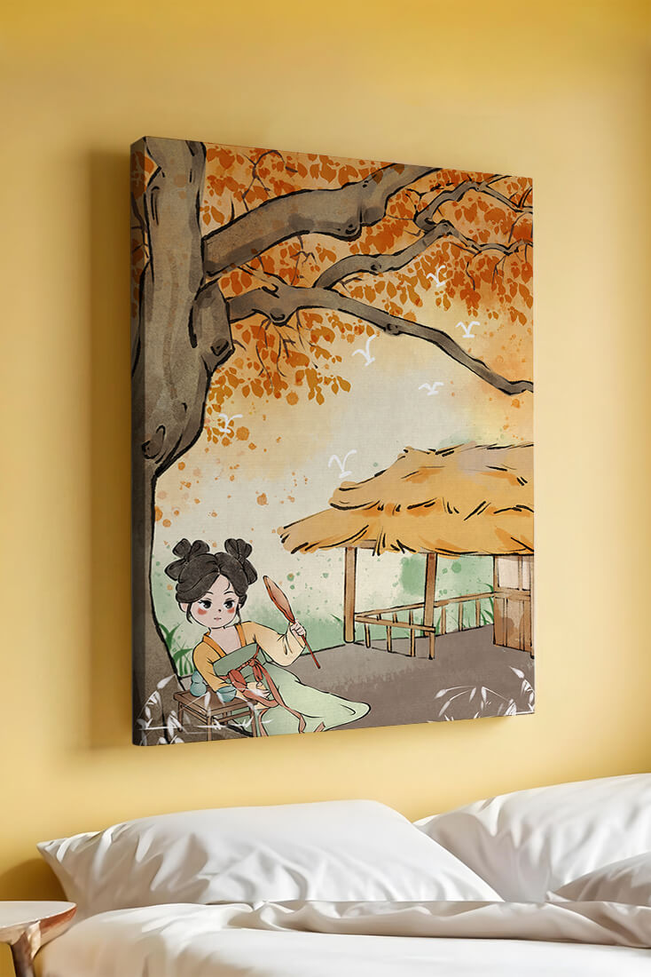 Escena de otoño con ilustración en estilo asiático tradicional