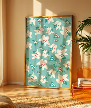 Motif floral avec des lys blancs sur un fond turquoise
