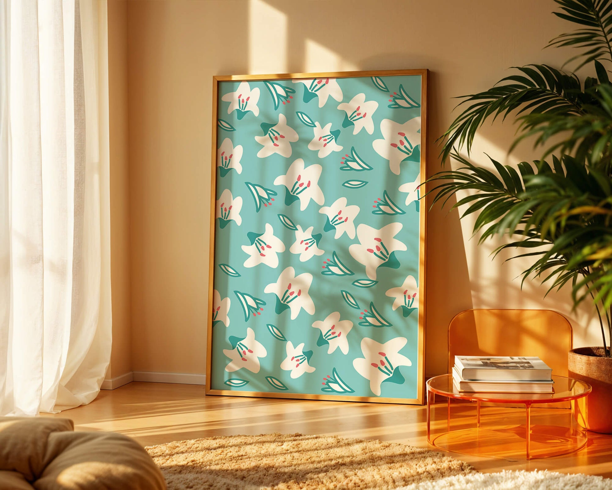 Floral pattern with white lilies on a turquoise background