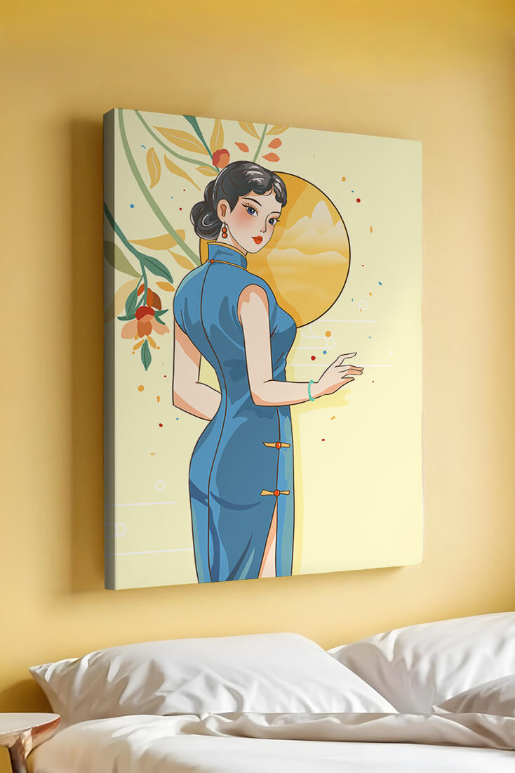 Elegant Woman in Traditional Dress with Floral and Golden Sun Backdrop
