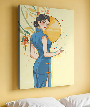 Mujer elegante con vestido tradicional y fondo floral y sol dorado