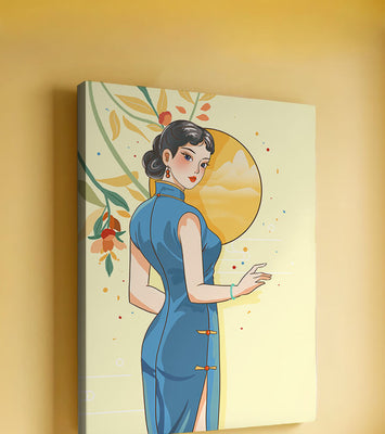 Elegant Woman in Traditional Dress with Floral and Golden Sun Backdrop
