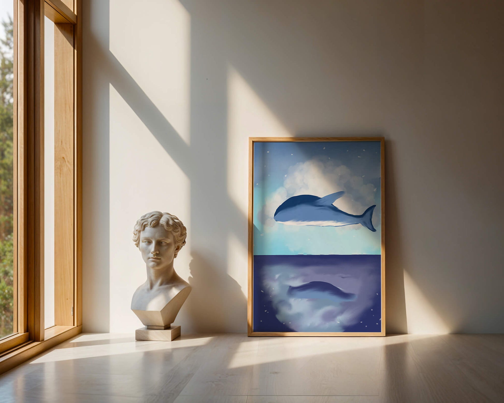 Surreal Ocean Scene with Floating Whale and Cloudy Sky Reflection