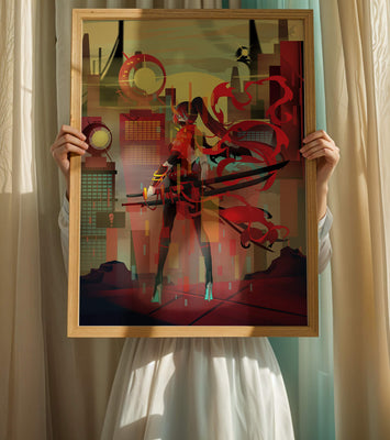 Futuristic warrior in a cyberpunk cityscape with swords and red accents