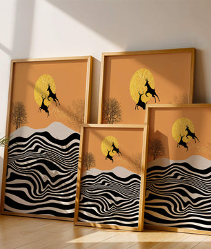 Abstract landscape with jumping deer and golden sun