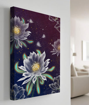 Floral Fantasy with Glowing Elements and Butterflies in Night Sky