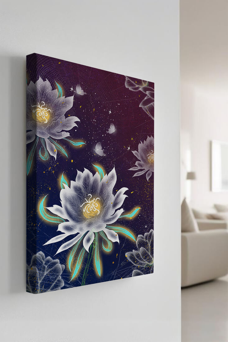 Floral Fantasy with Glowing Elements and Butterflies in Night Sky