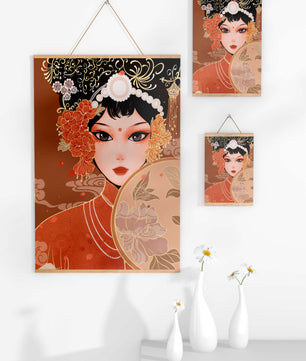 Elegante retrato de una mujer asiática con atuendo tradicional y elementos florales