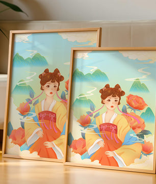 Traditional Asian Art with Woman in Hanfu Surrounded by Mountains and Peonies