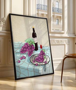 Still Life with Grapes and Wine Bottle on a Checkered Tablecloth - Mi tienda