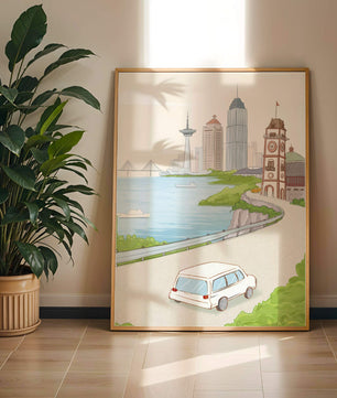 Scenic coastal cityscape with modern buildings and a classic clock tower