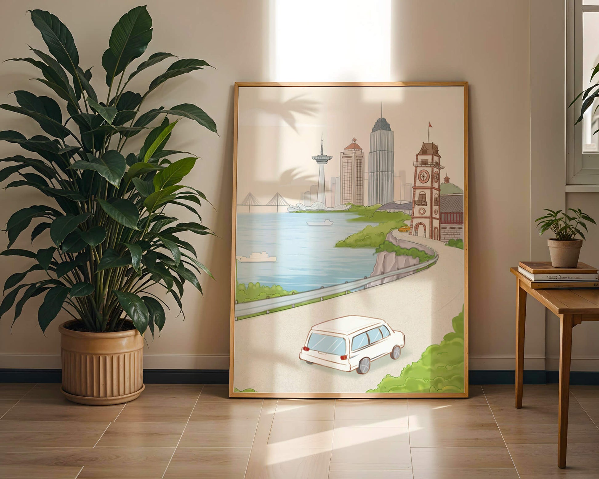Scenic coastal cityscape with modern buildings and a classic clock tower