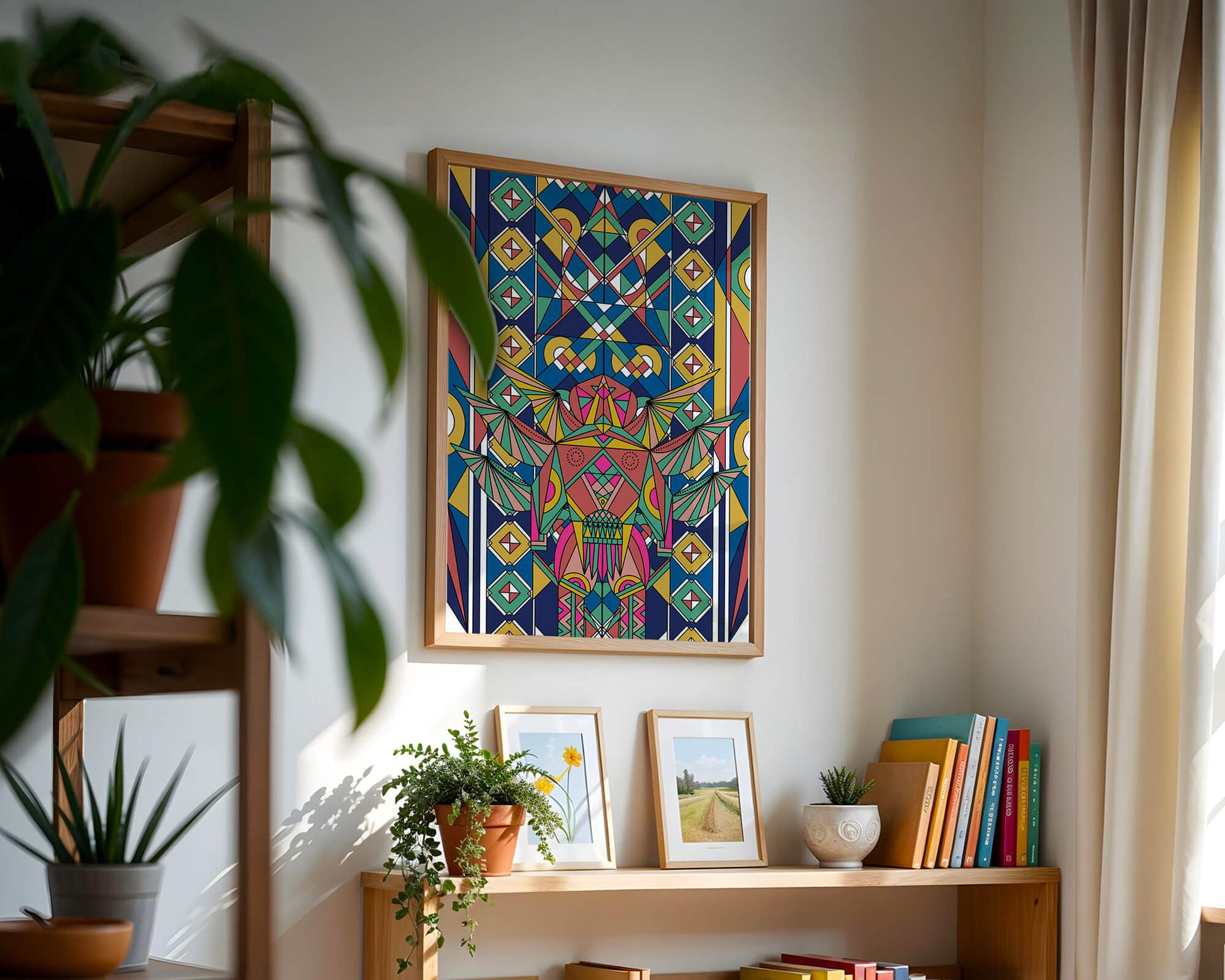 Obra de arte abstracta geométrica colorida con patrones simétricos