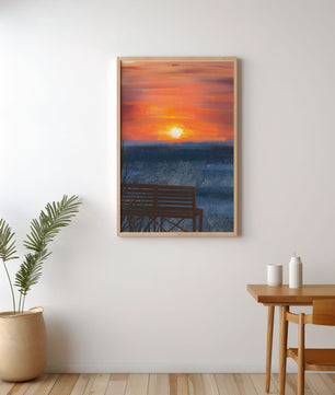 Serene Sunset Overlooking the Ocean with a Wooden Bench
