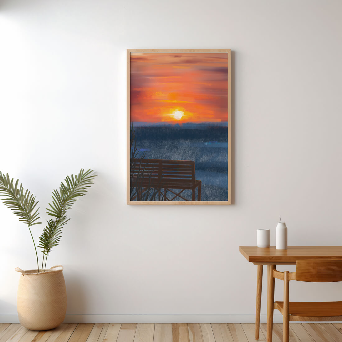 Serene Sunset Overlooking the Ocean with a Wooden Bench