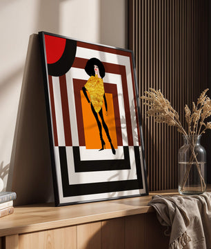 Ilustración de moda con figura en dorado y fondo geométrico