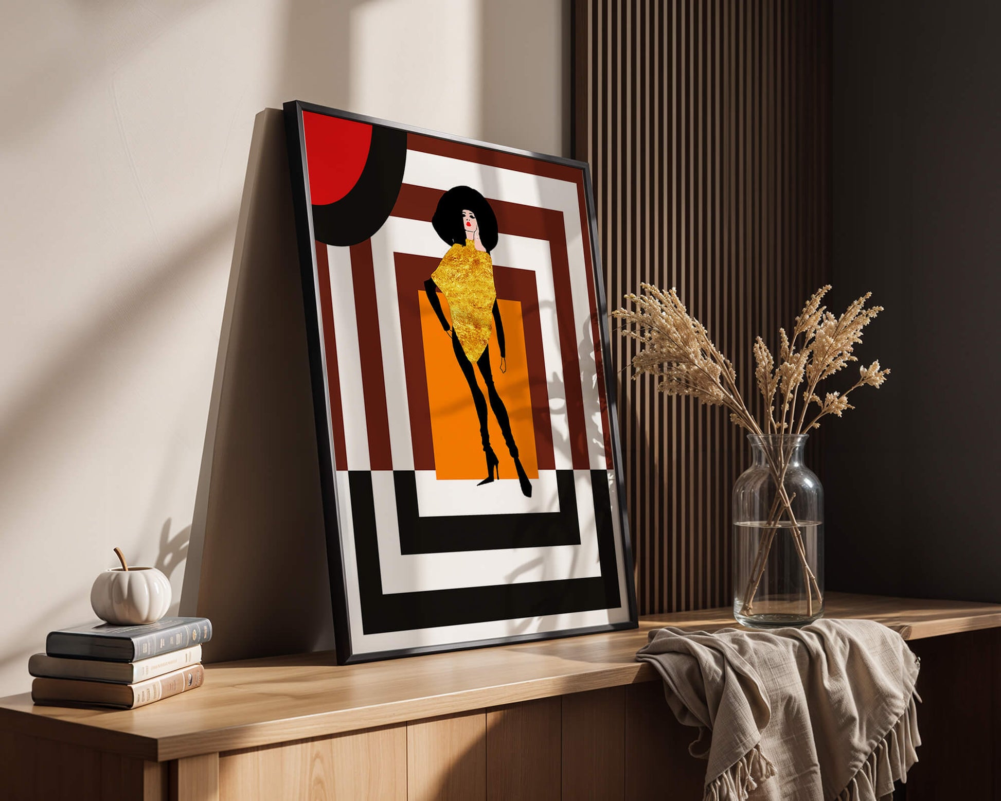 Fashion Illustration with Figure in Gold and Geometric Background