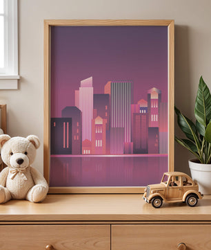 Modern Abstract Cityscape at Sunset with Reflective Water - Mi tienda