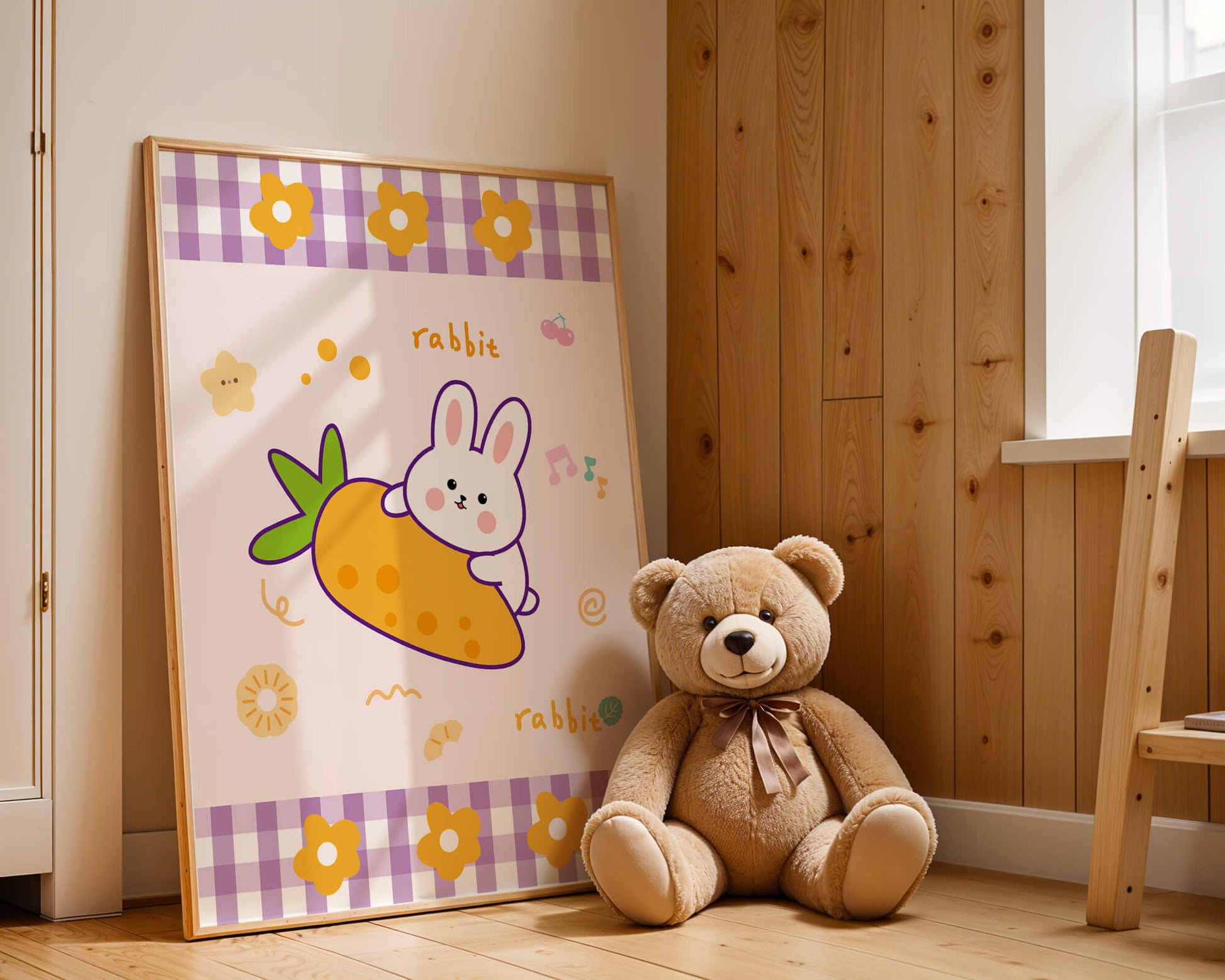 Illustrated cute rabbit with carrot on a colorful background