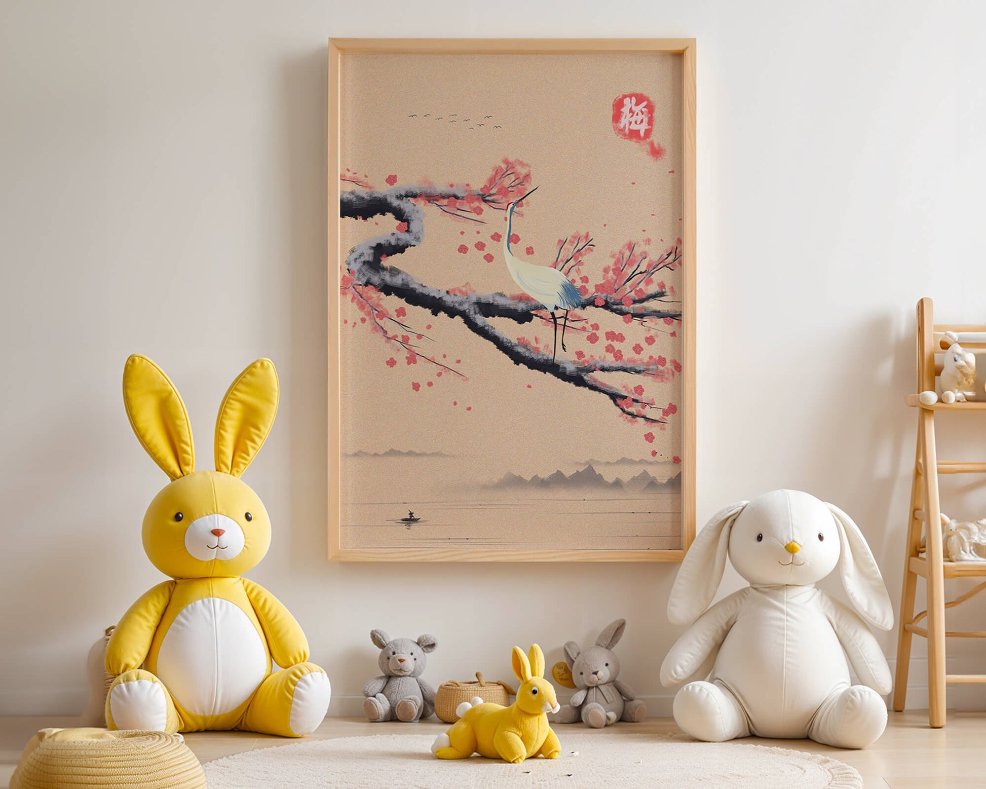 Elegant crane on cherry blossom branch with serene landscape