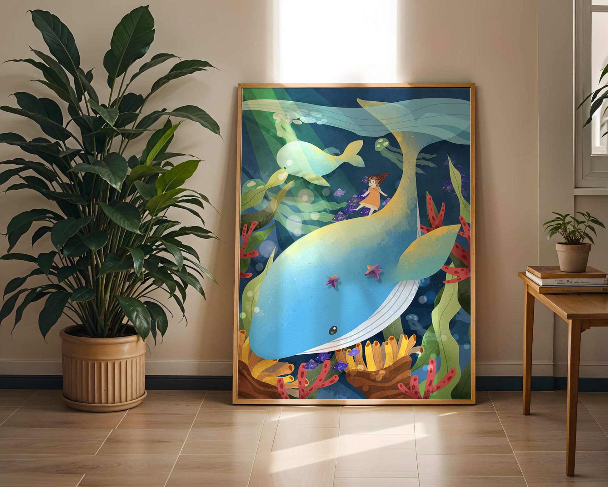 Fantasievolle Unterwasserszene mit einem Mädchen auf einem Wal und farbenfrohem Meeresleben