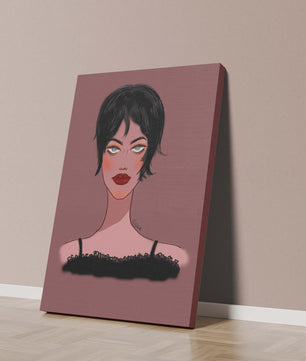 Illustration einer Frau mit kurzen schwarzen Haaren und auffälligem Make-up auf braunem Hintergrund