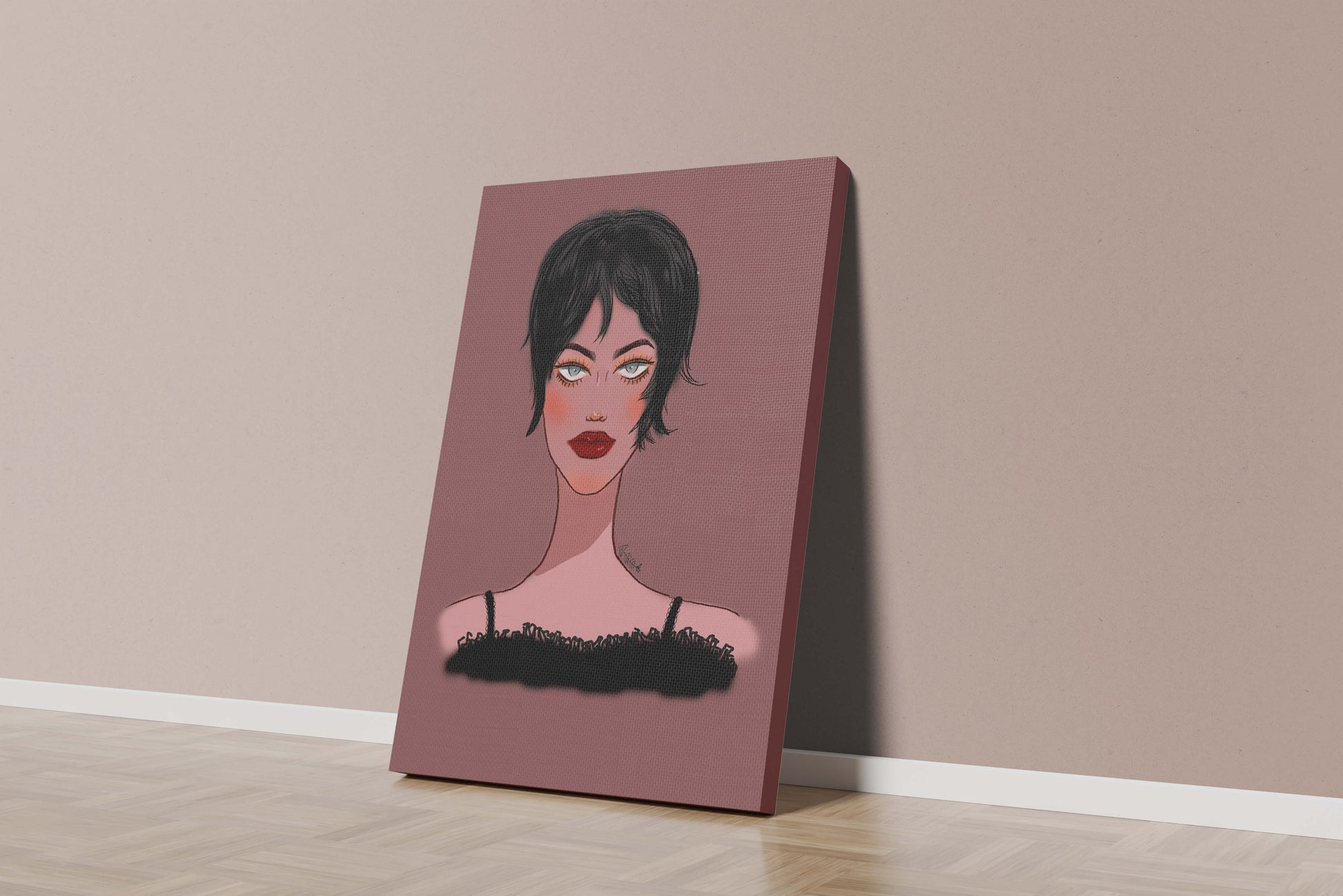 Illustration of a woman with short black hair and striking makeup on a brown background