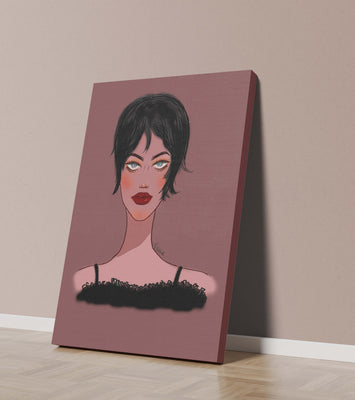 Illustration of a woman with short black hair and striking makeup on a brown background