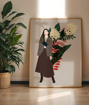 Elegant woman illustration with floral background in earthy tones