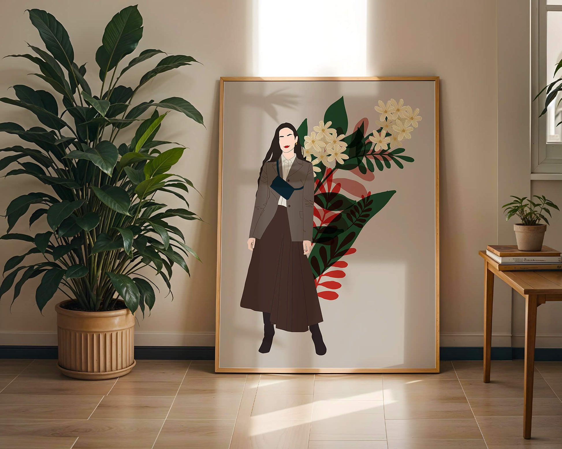 Elegant woman illustration with floral background in earthy tones