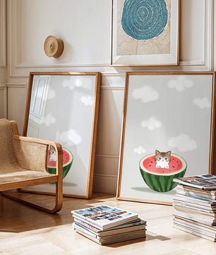 Whimsical art of a kitten in watermelon with clouds