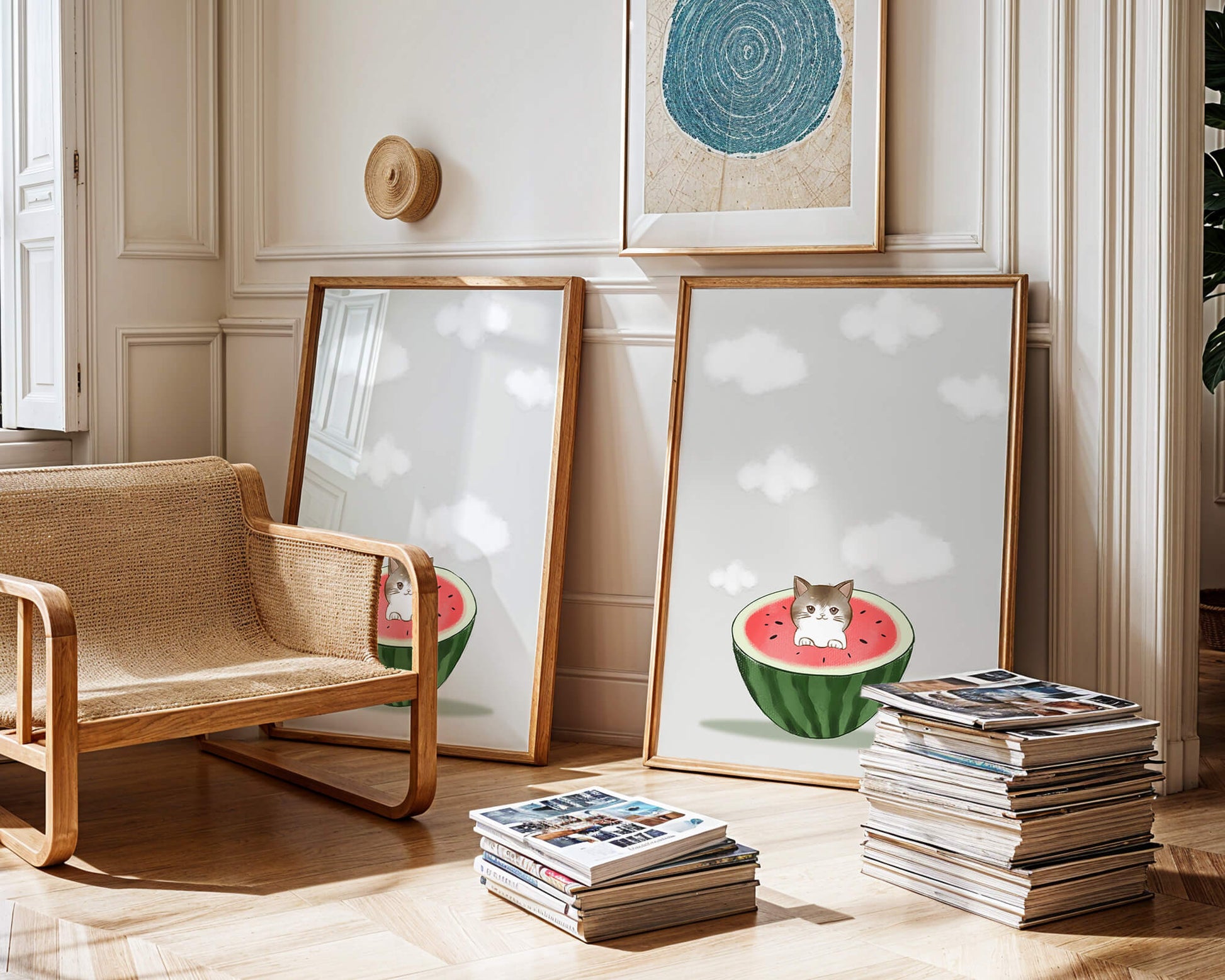 Whimsical art of a kitten in watermelon with clouds
