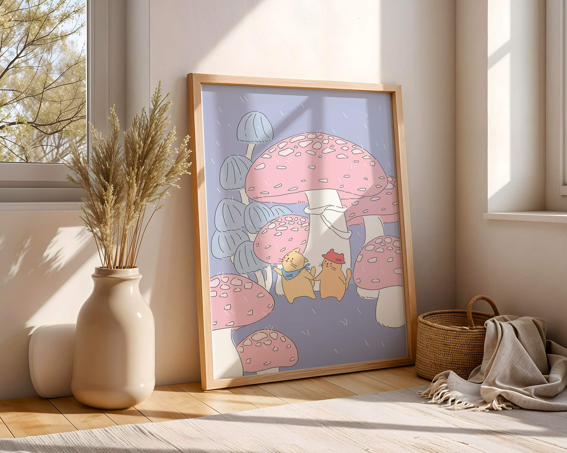 Charming illustration of cats among whimsical mushrooms