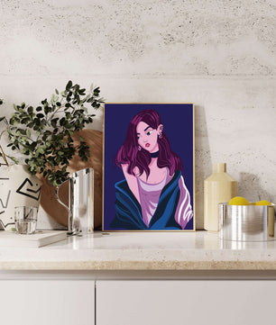 Illustration d'une fille élégante aux cheveux violets et à la veste bleue