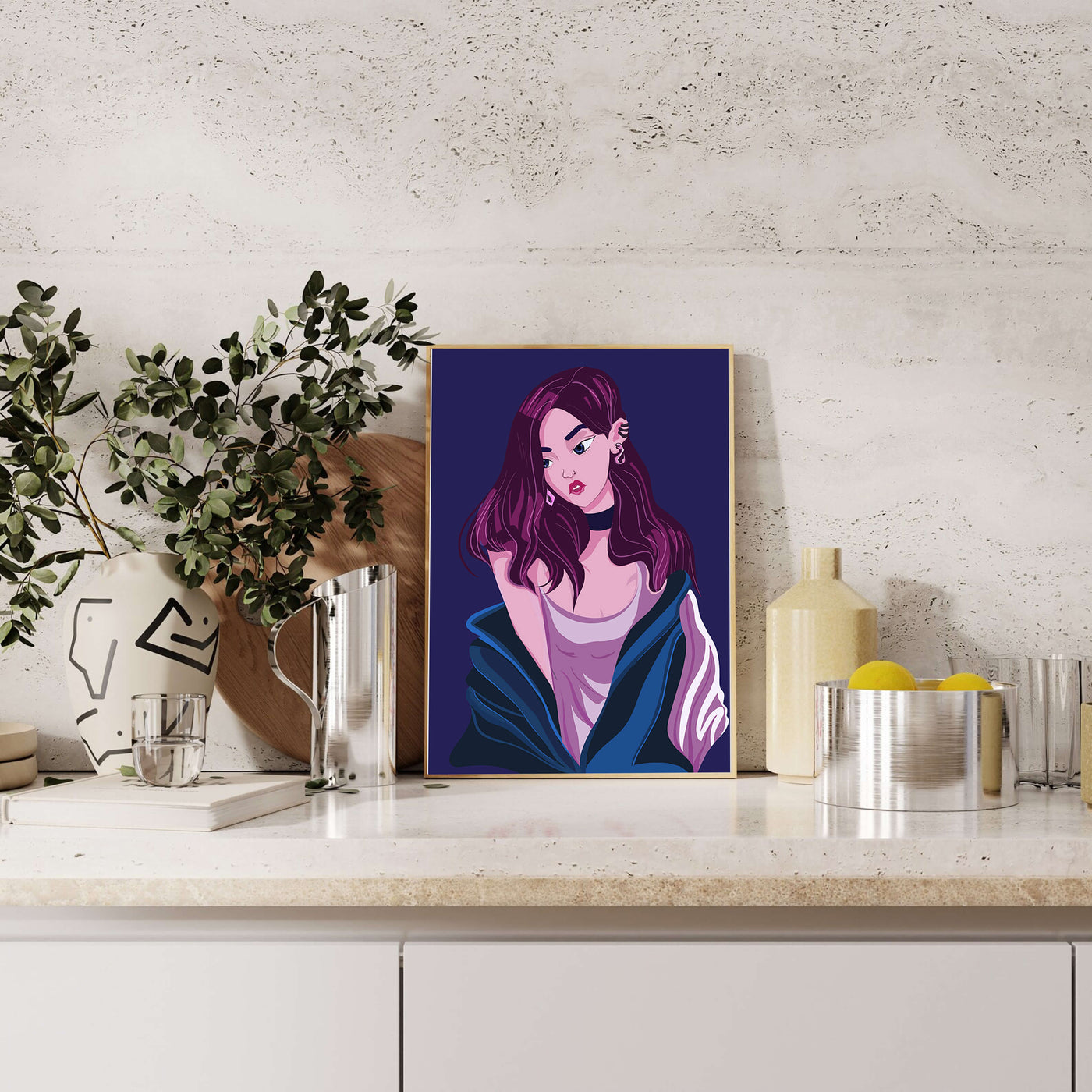 Stylish girl with purple hair and a blue jacket illustration