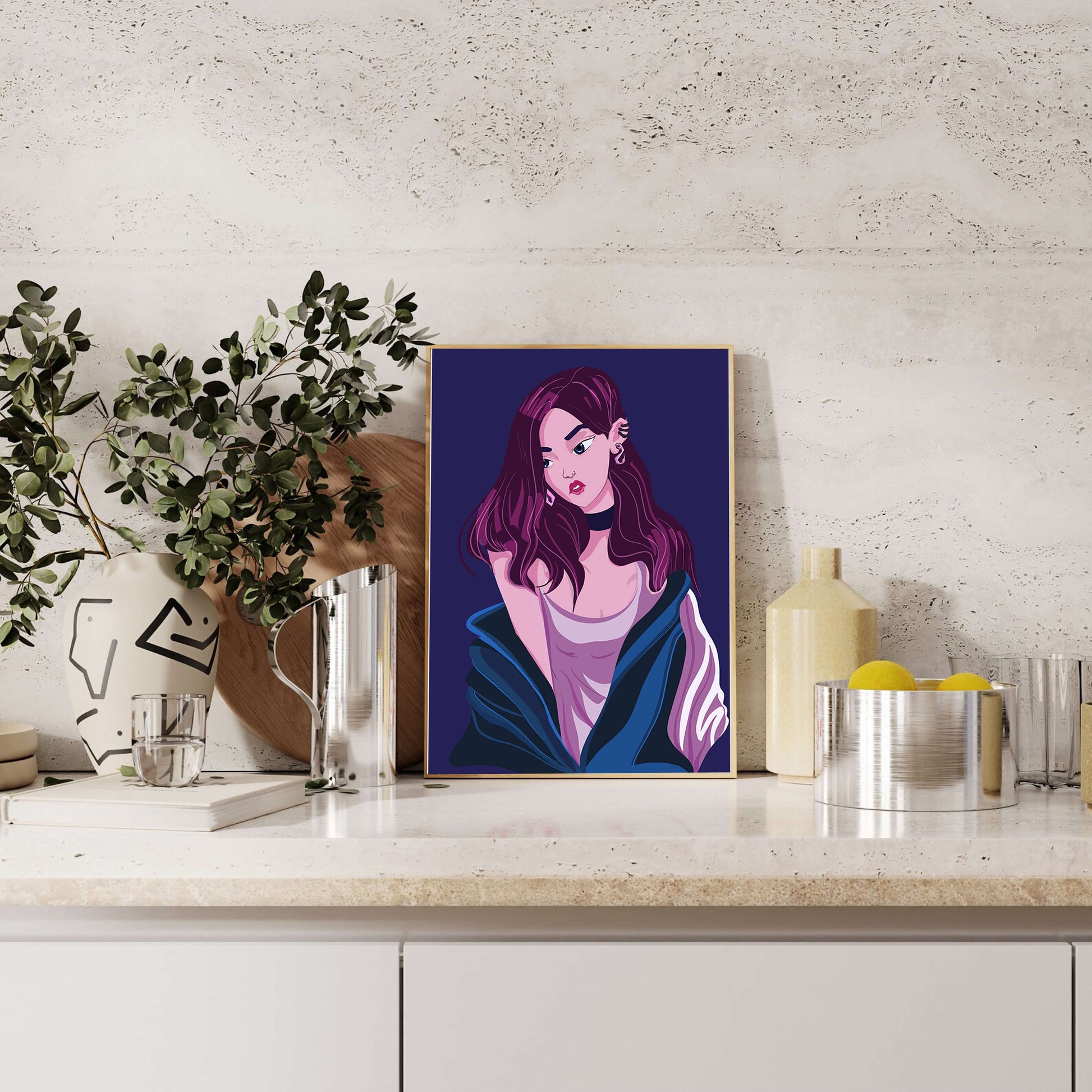 Stylish girl with purple hair and a blue jacket illustration