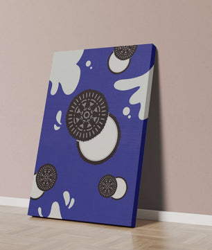 Graphic design featuring cookies and milk splashes on blue background