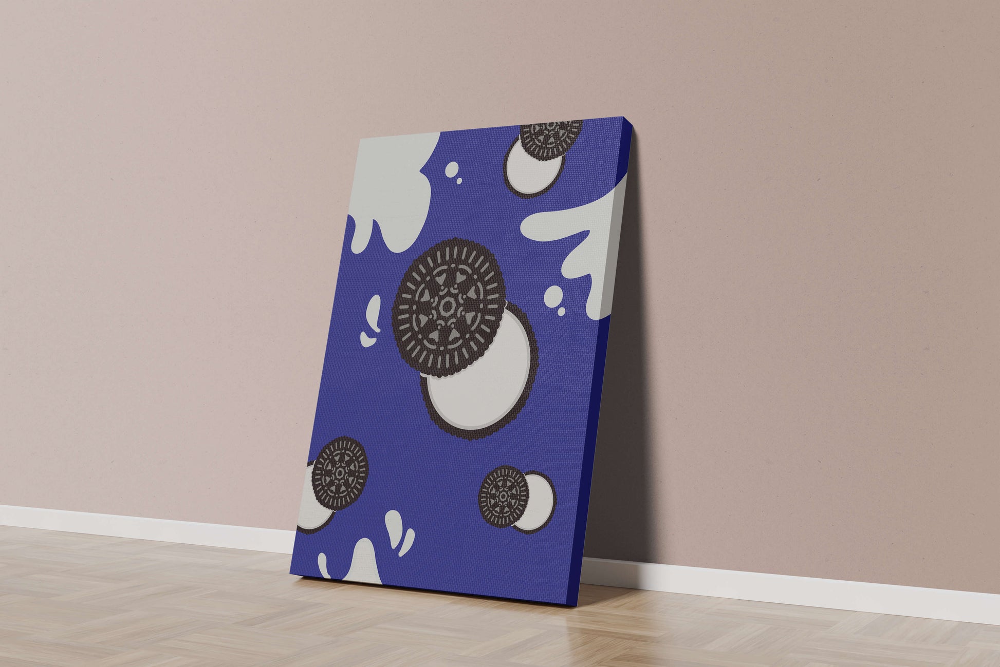 Graphic design featuring cookies and milk splashes on blue background