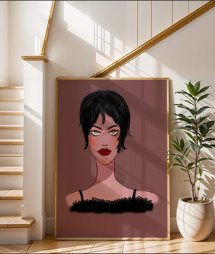 Illustration einer Frau mit kurzen schwarzen Haaren und auffälligem Make-up auf braunem Hintergrund